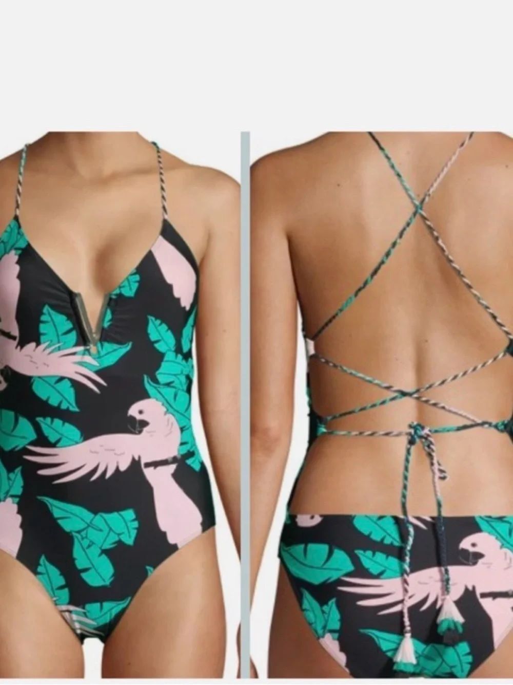 No Boundaries Black One-Piece Swimsuit with Pink Parrot & Teal Leaf Print